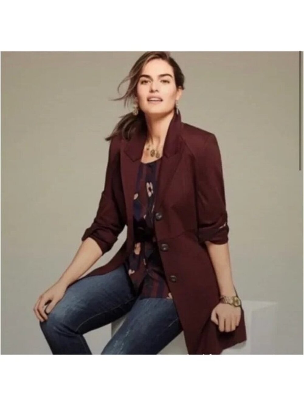 -Cabi Boss Jacket Womens Size XS Burgundy Brown Long Coat Business Professional